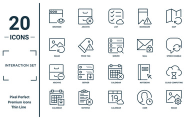 interaction set linear icon set. includes thin line browser, image, archive, calendar, image, server, cloud computing icons for report, presentation, diagram, web design