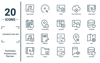 interaction set linear icon set. includes thin line music player, calendar, music player, video player, database, calendar, map icons for report, presentation, diagram, web design