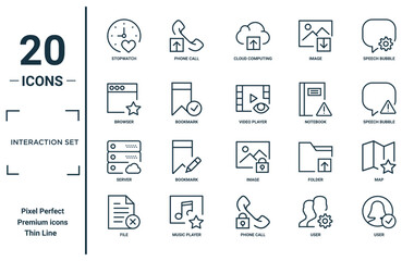 interaction set linear icon set. includes thin line stopwatch, browser, server, file, user, video player, map icons for report, presentation, diagram, web design