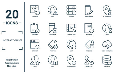 interaction set linear icon set. includes thin line calendar, notepad, browser, user, database, video player, cloud computing icons for report, presentation, diagram, web design
