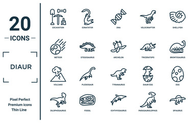 diaur linear icon set. includes thin line excavation, meteor, volcano, dilophosaurus, spiaurus, archelon, egg icons for report, presentation, diagram, web design © MacroOne