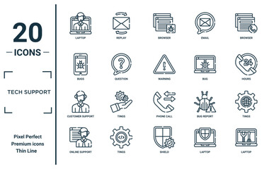 tech support linear icon set. includes thin line laptop, bugs, customer support, online support, laptop, warning, tings icons for report, presentation, diagram, web design