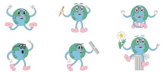 Set of Planet of Earth cartoon mascot. Trendy retro Planet Character. Y2K weird Globe character. Doodle hand drawn Earth. Vector illustration.