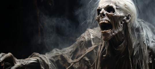Horrible monster scary skeleton skull figure on dark background. Generative AI technology. - obrazy, fototapety, plakaty