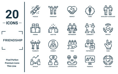 friendship linear icon set. includes thin line puzzles, friends, teammate, develop, friendship, partnership, hand icons for report, presentation, diagram, web design