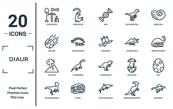 diaur linear icon set. includes thin line excavation, meteor, volcano, dilophosaurus, spiaurus, archelon, egg icons for report, presentation, diagram, web design