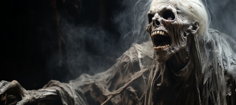 Horrible monster scary skeleton skull figure on dark background. Generative AI technology.