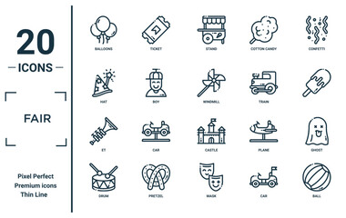 fair linear icon set. includes thin line balloons, hat, et, drum, ball, windmill, ghost icons for report, presentation, diagram, web design