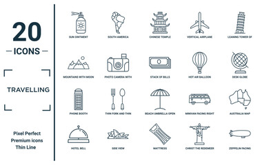 travelling linear icon set. includes thin line sun ointment, mountains with moon, phone booth, hotel bell, zeppelin facing right, stack of bills, australia map icons for report, presentation, © MacroOne