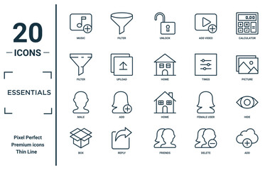 essentials linear icon set. includes thin line music, filter, male, box, add, home, hide icons for report, presentation, diagram, web design
