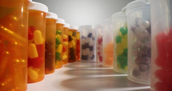 Orange and transparent bottles with multi-colored capsules stand in oval on both sides. Various dietary supplements and vitamins for healthy body and beauty
