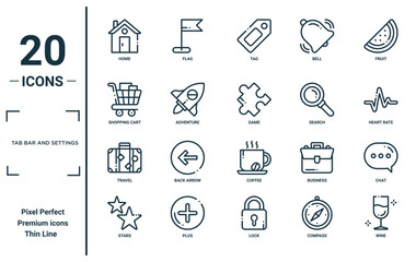 tab bar and settings linear icon set. includes thin line home, shopping cart, travel, stars, wine, game, chat icons for report, presentation, diagram, web design