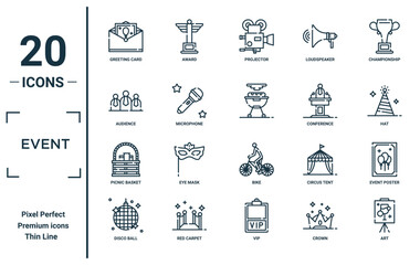 event linear icon set. includes thin line greeting card, audience, picnic basket, disco ball, art, , event poster icons for report, presentation, diagram, web design