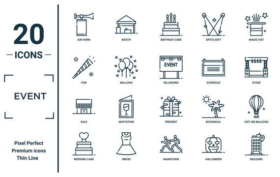 event linear icon set. includes thin line air horn, fun, sale, wedding cake, building, billboard, hot air balloon icons for report, presentation, diagram, web design