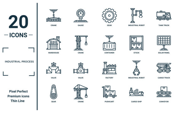 industrial process linear icon set. includes thin line crane, warehouse, valve, gear, conveyor, container, cargo truck icons for report, presentation, diagram, web design