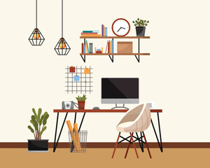 Home office cabinet, living room interior concept. Creative coworking center, desk and chair, modern workplace for worker, employee, student with table, computer, book shelf and interior decor element