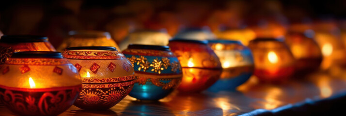Diwali Hindu Festival of lights celebration. Burning diya lamp close up, bokeh lights background