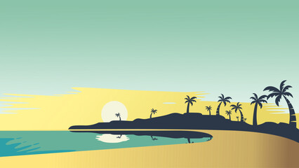 Fototapeta na wymiar Vector ocean sunset scenery. Colorful tropical beach landscape 