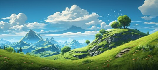 Green grass mountain landscape with clear blue sky. Generative AI technology.