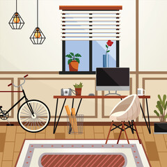 Home office interior. Vector illustration. Freelancer working from home place, convenient workplace Home office workplace Self employed concept Minimalist work space Remote working from home or any