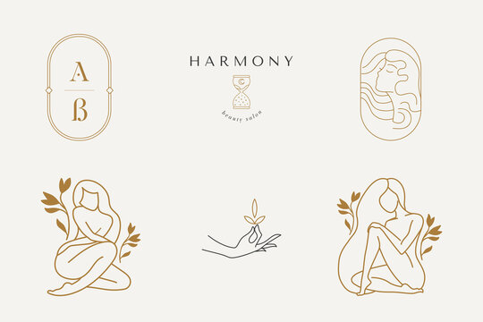 Abstract logo template with images of female, sunset, ocean, moon, flower. Modern minimal set of linear icons and emblems for social media, accommodation rental and travel services.