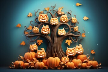 vector art of 3D illustration of Halloween theme banner with a group of Jack O Lantern pumpkins and paper graphic style of spooky tree and owl on the background.