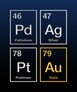 Precious metals gold, silver, platinum and palladium, from the periodic table, with atomic numbers and relief shaped. Chemical elements, with high economic value, used in technology and as a currency.