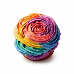 Illustration of a colourful cupcake with rainbow frosting on a clean white background created with Generative AI technology