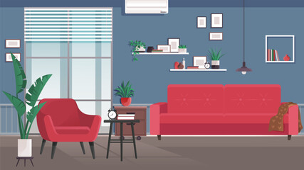 Home office interior. Vector illustration. Workplace modern interior, home or office room creation zone, working space kit with furniture Office with computer Working from home, student or freelancer