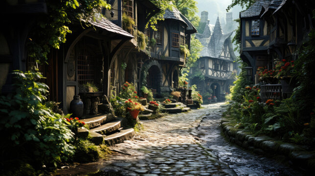 A little town and a few flowers growing near the street, in the style of german romanticism. Generative AI