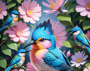 Obraz premium Vibrant blue and pink fantasy birds with yellow accents among lush green leaves and delicate pink flowers, creating a whimsical spring garden scene perfect for nature-themed designs and
