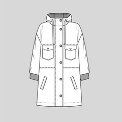 Fashion winter hoodie dress sweatshirt metal button  flap pockets drawstring side pocket drop shoulder front button sleeve cuff rib  flat sketch technical drawing template design vector