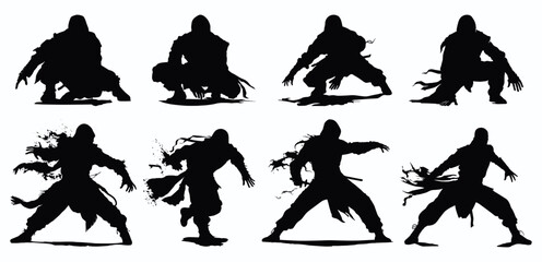 ninja silhouette set in action poses