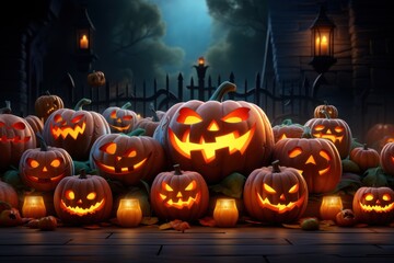 vector art of Happy Halloween. Group of 3D illustration black dark glowing Jack O lantern pumpkin on treat or trick fun party celebration background design.