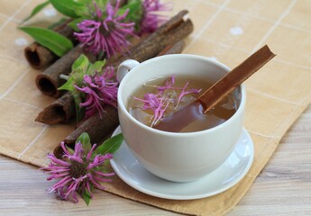 up of herbal tea from Monarda didyma flower head and leaves with cinnamon.  Sweet smelling tea with bergamot aroma, often used as medicinal herb.