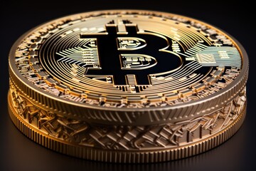 Fototapeta na wymiar Bitcoins Isolated on a Dark background. Bitcoin. Crypto. Cryptocurrency Golden Bitcoin Coin. Blockchain. Made With Generative AI. 