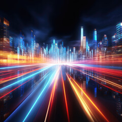 Obraz premium abstract futuristic background with red, yellow, blue glowing neon moving high speed wave lines and bokeh lights. Data transfer concept Fantastic wallpaper, Ai Generative