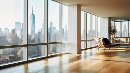 modern interior of a room in new york city overlooking the freedom tower