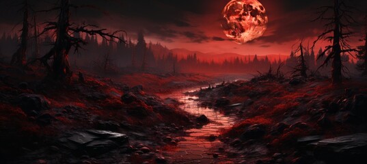 Full moon red forest horror melancholic dark night background. Generative AI technology.