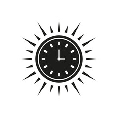 Sun Clock Silhouette Icon. Summer Time Glyph Pictogram. Sunrise and Sunset Hours. Morning Sunshine Symbol. Summertime Alarm Solid Sign. Isolated Vector Illustration