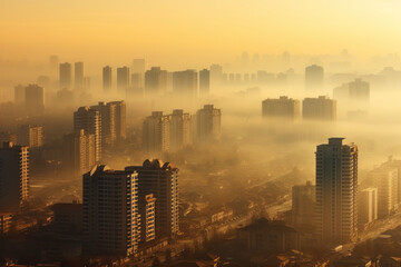 Fototapeta premium A city shrouded in smog and polluted air. The problem of emissions of cars with internal combustion engines, the work of chemical plants and non-environmental industry. Aerial view