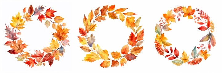 Naklejka na ściany i meble Watercolor painting autumn leaf illustration for logo - Collection set of circular circle colorful autumnal fall leaves frame, isolated on white background (Generative Ai)