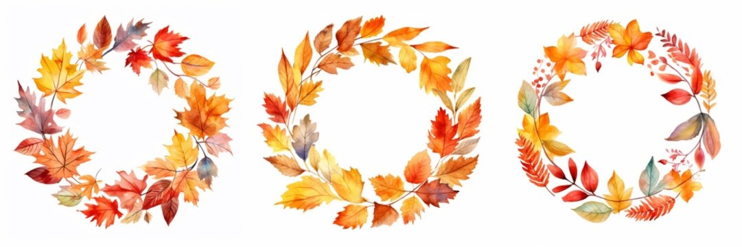 Watercolor painting autumn leaf illustration for logo - Collection set of circular circle colorful autumnal fall leaves frame, isolated on white background (Generative Ai)