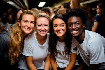 Friendship Across Cultures: Enjoy the Heartwarming Scene of Diverse Friends Gathered at a Basketball Game. Their Supportive Presence and Laughter Illustrate the Power of Inclusivity. AI Generated