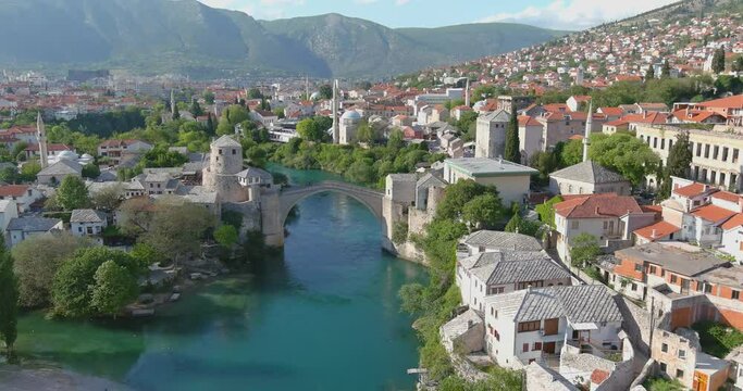 Old Bridge in Mostar Descending Aerial Shot in 4K