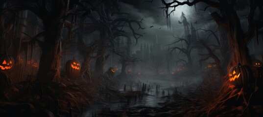 Obraz premium Halloween horror forest melancholic dark background. Generative AI technology.