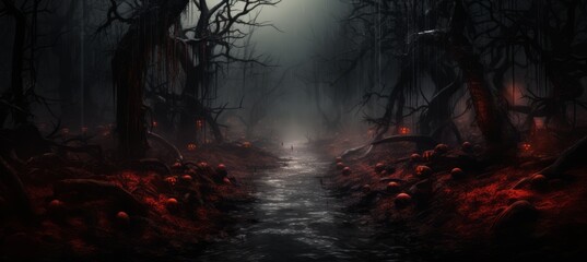 Dark haunted horror forest melancholic background. Generative AI technology.