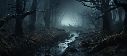 Haunted horror forest melancholic dark background. Generative AI technology.