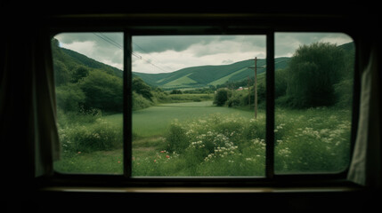 Landscape beautiful view out of window from riding train among summer nature with hills.