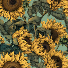 seamless pattern of sunflowers in an illustrative style